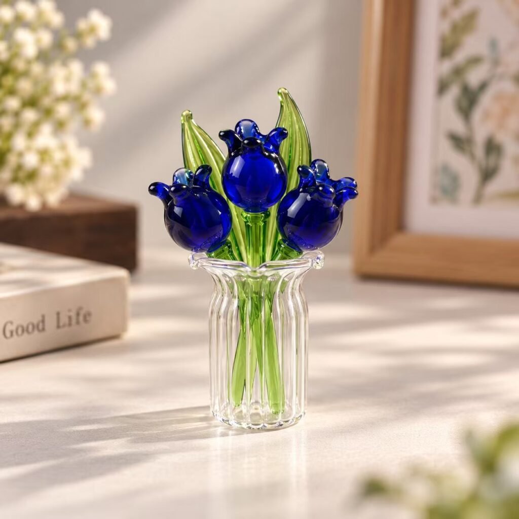 Mini glass flower arrangement for desk decor