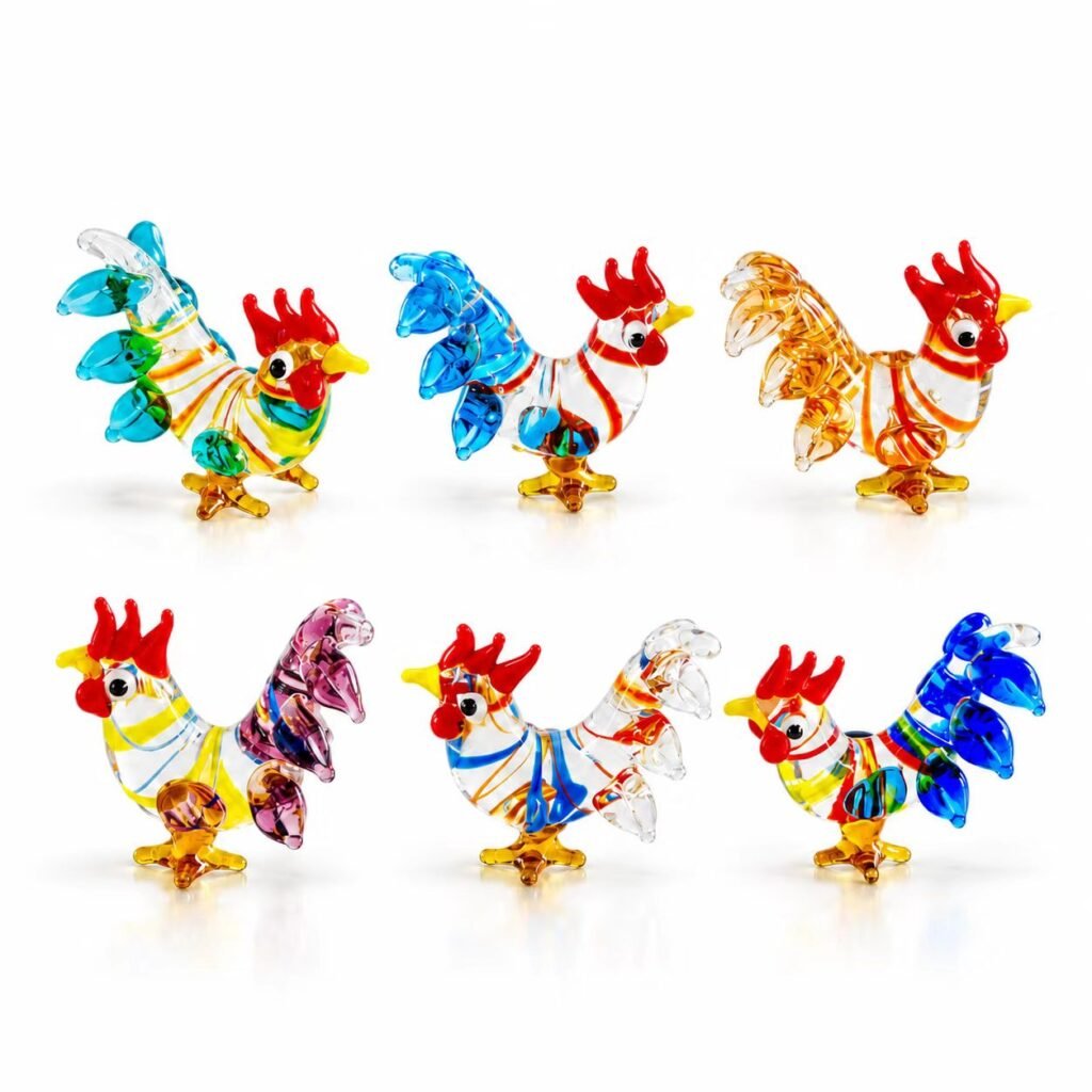Set of six handmade glass rooster ornaments in assorted colors